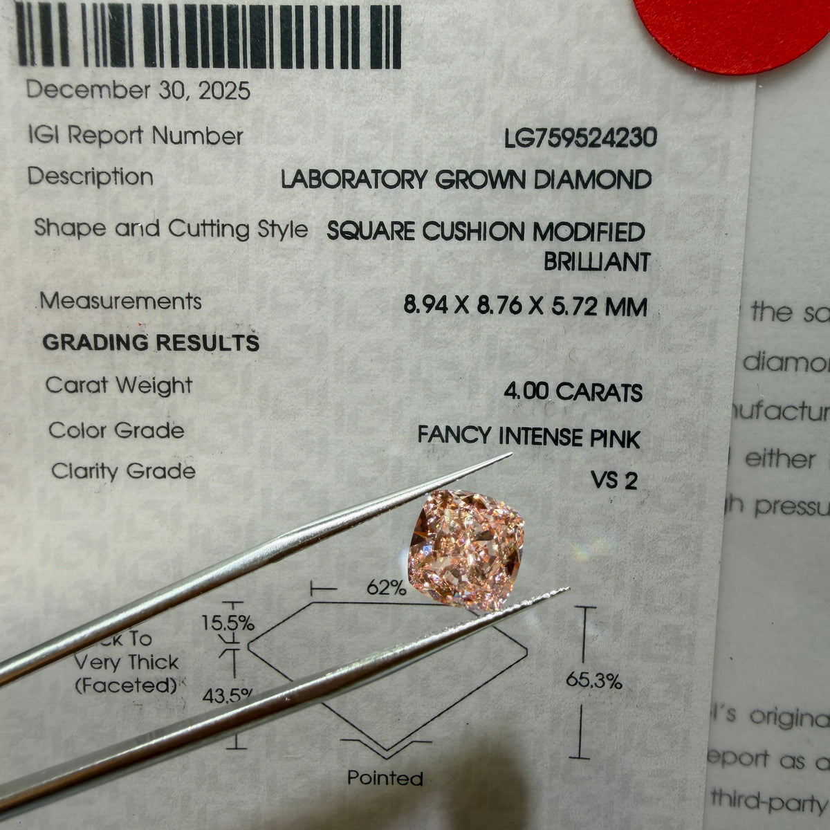 4.00ct Square Cushion Modified Brilliant Lab Grown Diamond – Fancy Intense Pink, VS2, IGI Certified