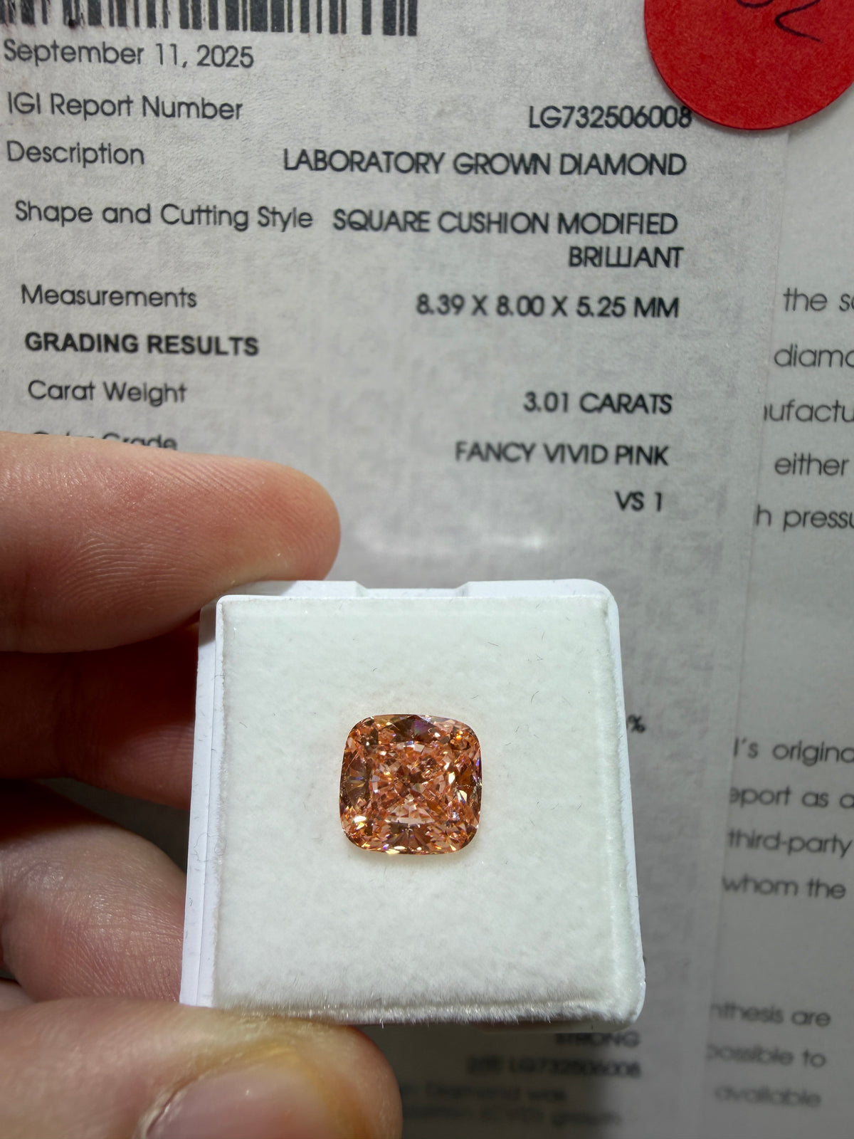 3.01ct Square Cushion Modified Brilliant Lab Grown Diamond – Fancy Vivid Pink, VS1, IGI Certified