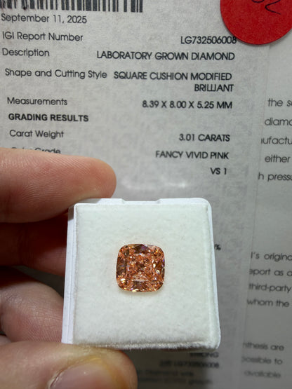 3.01ct Square Cushion Modified Brilliant Lab Grown Diamond – Fancy Vivid Pink, VS1, IGI Certified