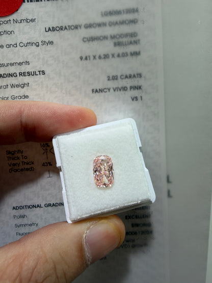 2.02ct Cushion Modified Brilliant Lab Grown Diamond – Fancy Vivid Pink, VS1, IGI Certified
