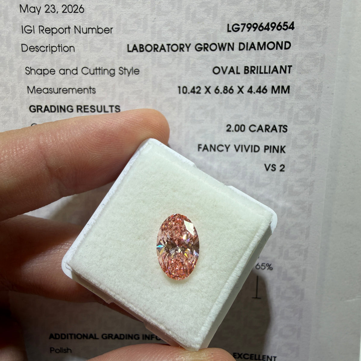 2.00ct Oval Brilliant Lab Grown Diamond – Fancy Vivid Pink, VS2, IGI Certified