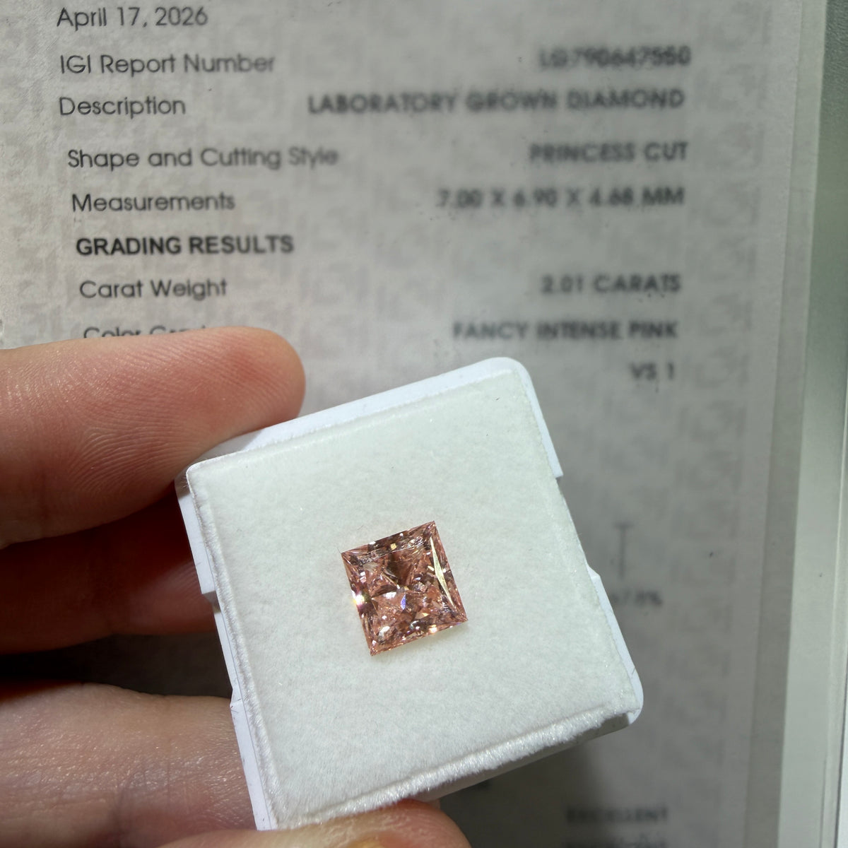 2.01ct Princess Cut Lab Grown Diamond – Fancy Intense Pink, VS1, IGI Certified
