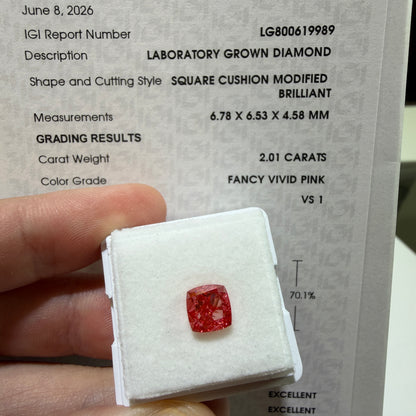 2.01ct Square Cushion Modified Brilliant Lab Grown Diamond – Fancy Vivid Pink, VS1, IGI Certified
