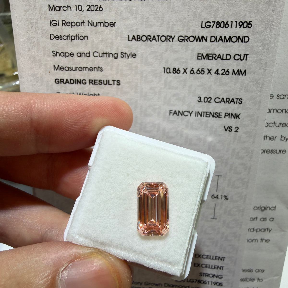 3.02ct Emerald Cut Lab Grown Diamond – Fancy Intense Pink, VS2, IGI Certified