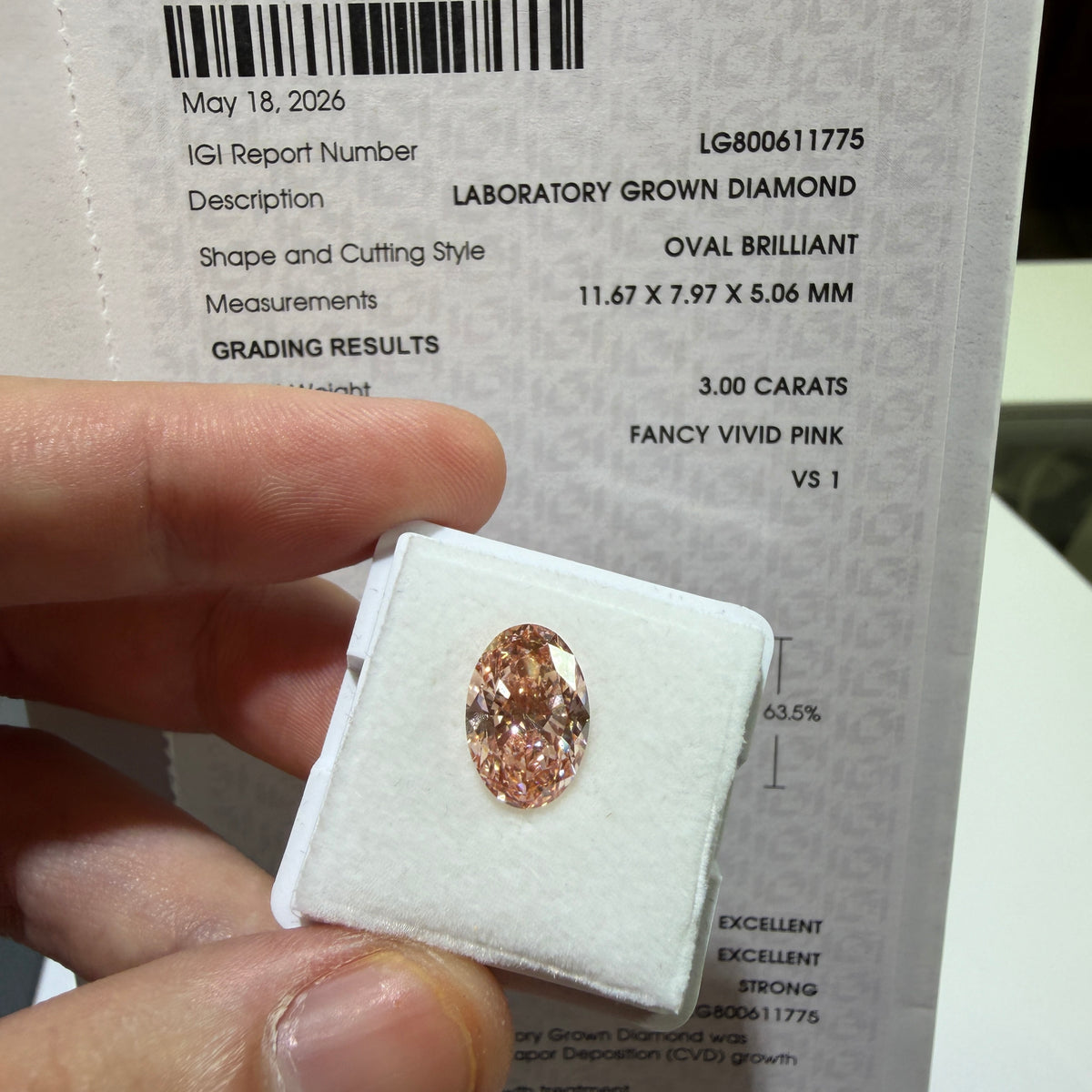 3.00ct Oval Brilliant Lab Grown Diamond – Fancy Vivid Pink, VS1, IGI Certified