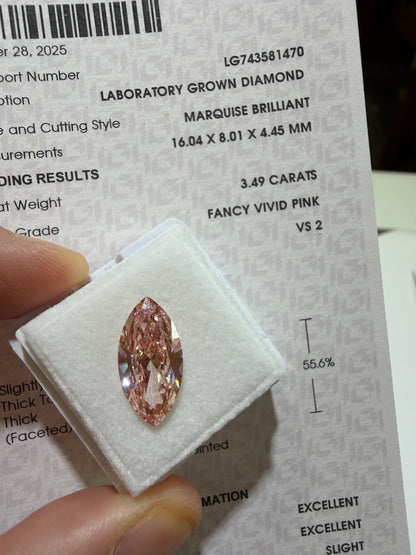 3.49ct Marquise Brilliant Lab Grown Diamond – Fancy Vivid Pink, VS2, IGI Certified