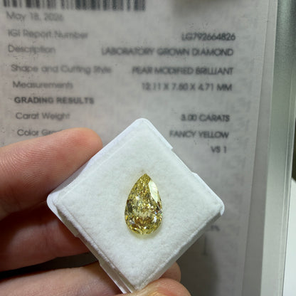3.00ct Pear Modified Brilliant Lab Grown Diamond – Fancy Yellow, VS1, IGI Certified