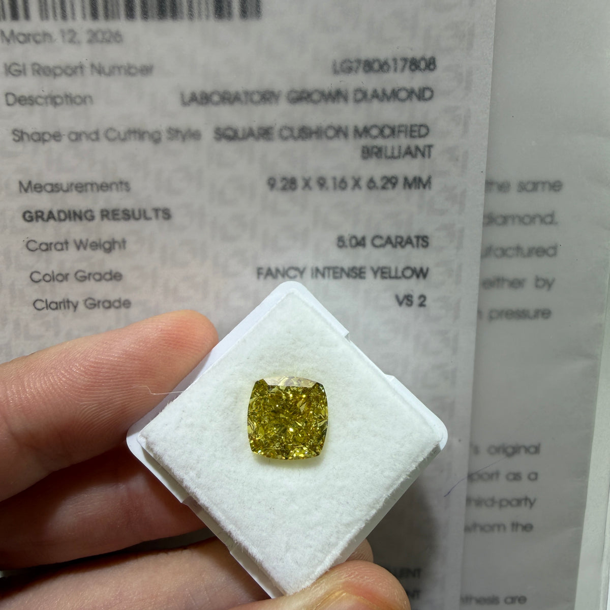 5.04ct Square Cushion Modified Brilliant Lab Grown Diamond – Fancy Intense Yellow, VS2, IGI Certified