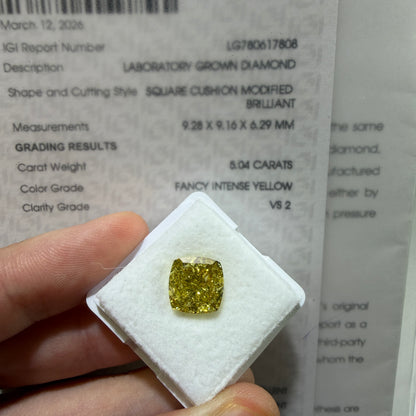 5.04ct Square Cushion Modified Brilliant Lab Grown Diamond – Fancy Intense Yellow, VS2, IGI Certified
