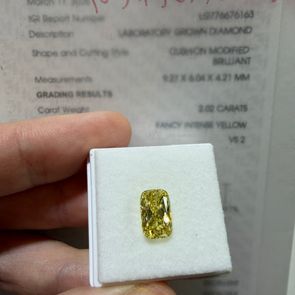 2.02ct Cushion Modified Brilliant Lab Grown Diamond – Fancy Intense Yellow, VS2, IGI Certified
