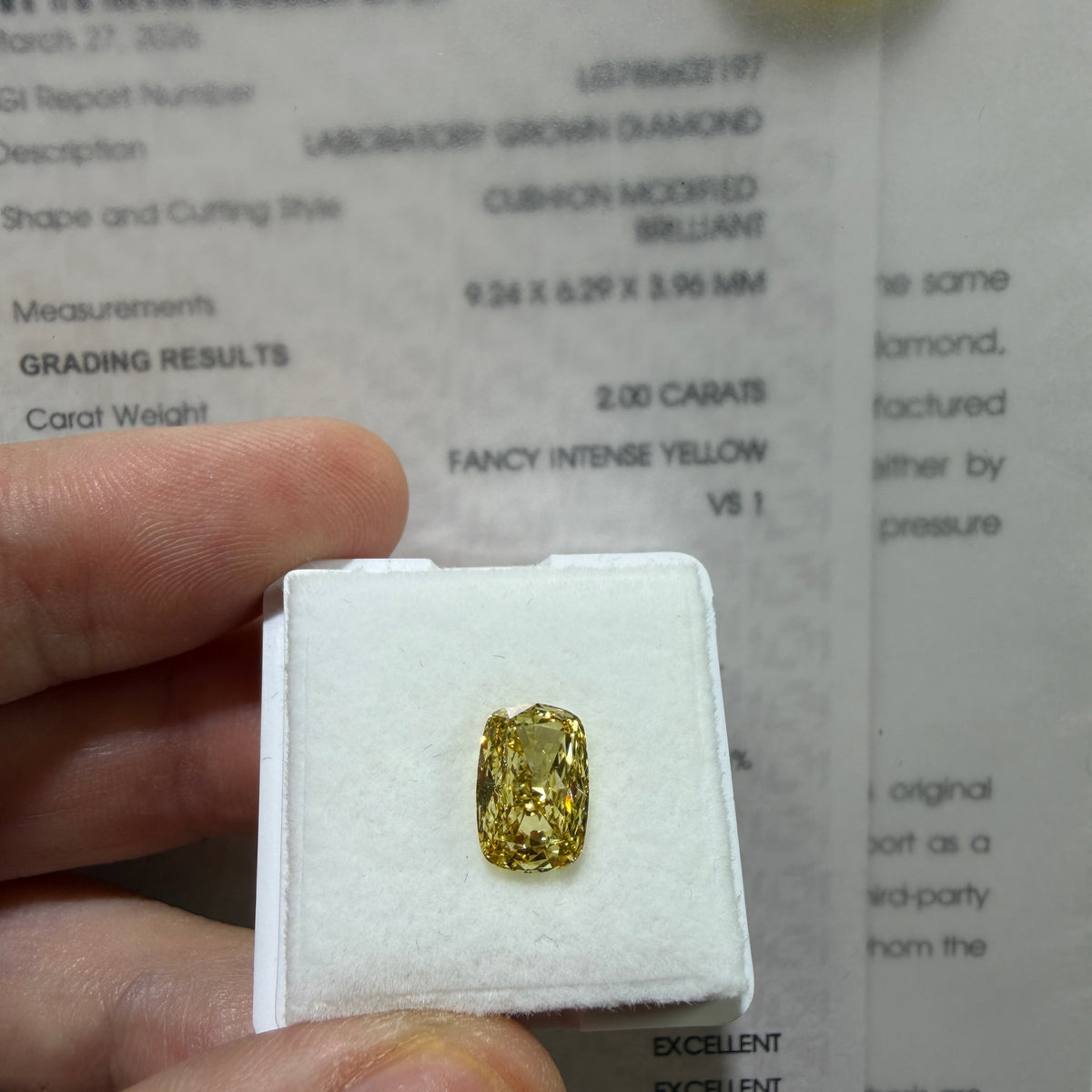2.00ct Cushion Modified Brilliant Lab Grown Diamond – Fancy Intense Yellow, VS1, IGI Certified