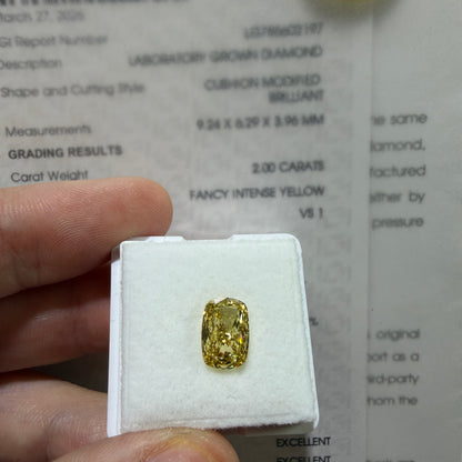2.00ct Cushion Modified Brilliant Lab Grown Diamond – Fancy Intense Yellow, VS1, IGI Certified