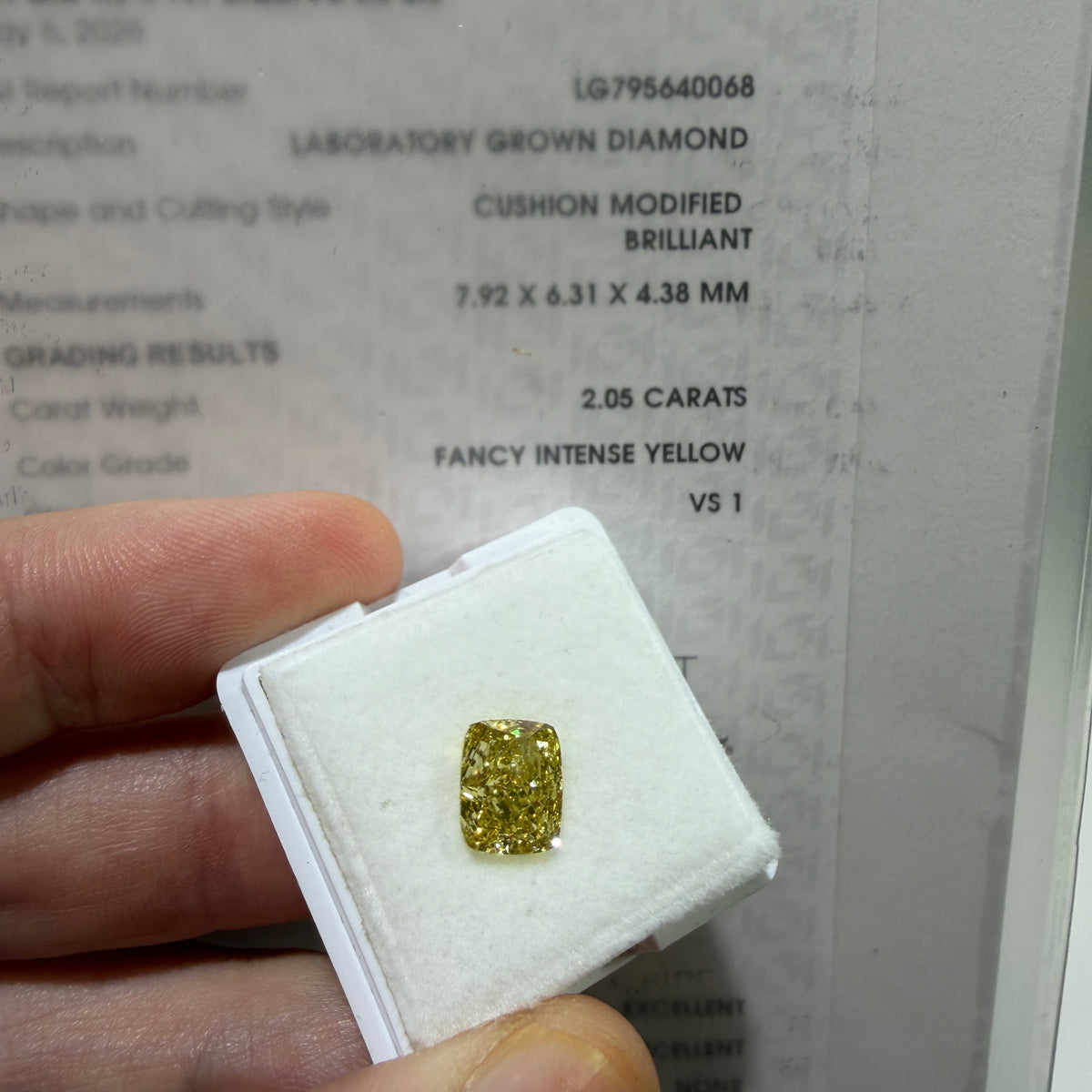 2.05ct Cushion Modified Brilliant Lab Grown Diamond – Fancy Intense Yellow, VS1, IGI Certified