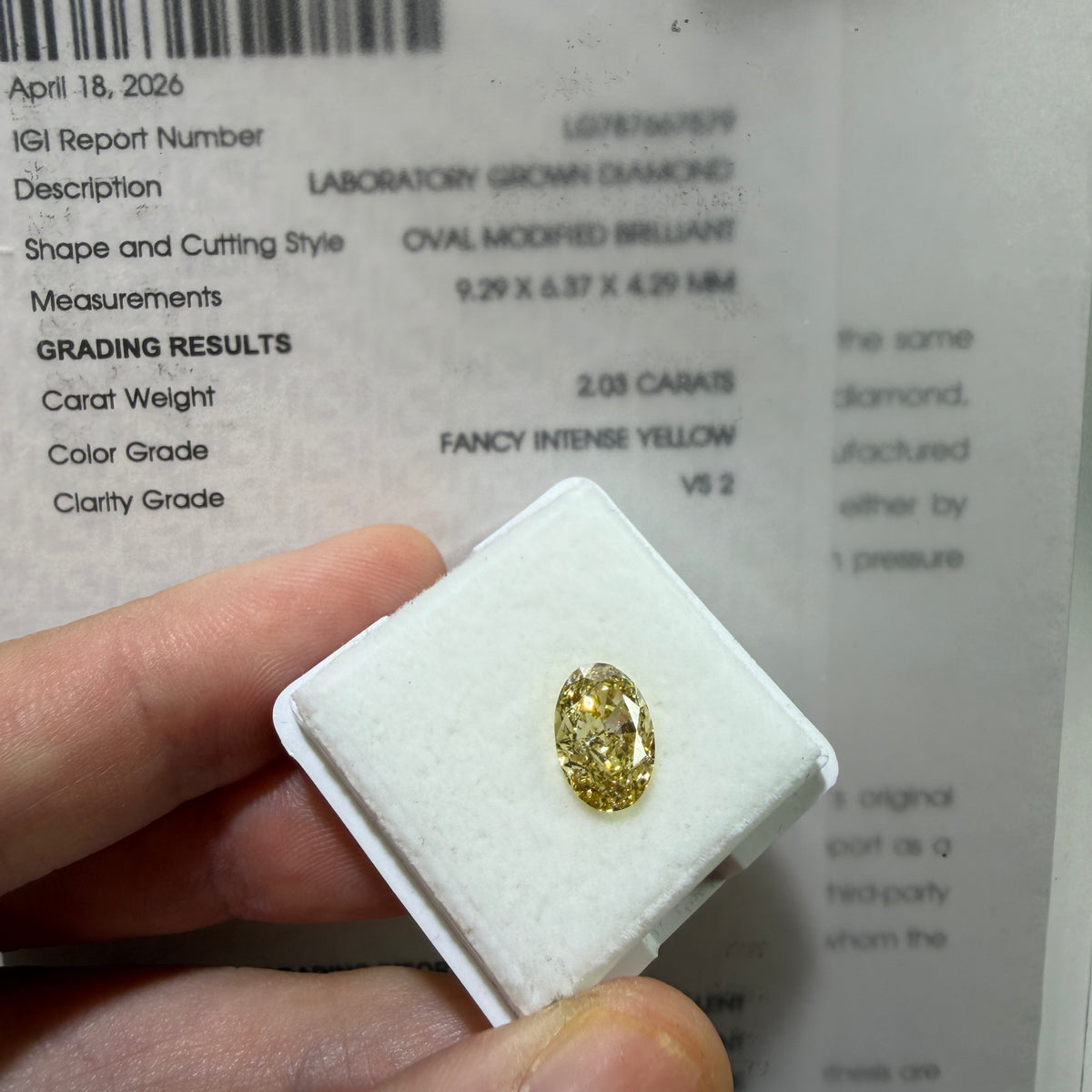 2.03ct Oval Modified Brilliant Lab Grown Diamond – Fancy Intense Yellow, VS2, IGI Certified