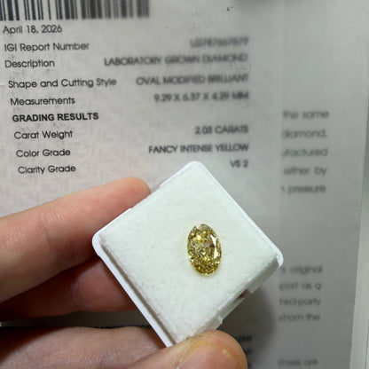 2.03ct Oval Modified Brilliant Lab Grown Diamond – Fancy Intense Yellow, VS2, IGI Certified
