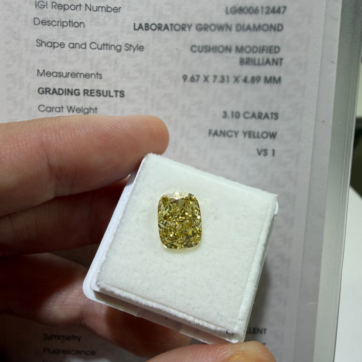 3.10ct Cushion Modified Brilliant Lab Grown Diamond – Fancy Yellow, VS1, IGI Certified