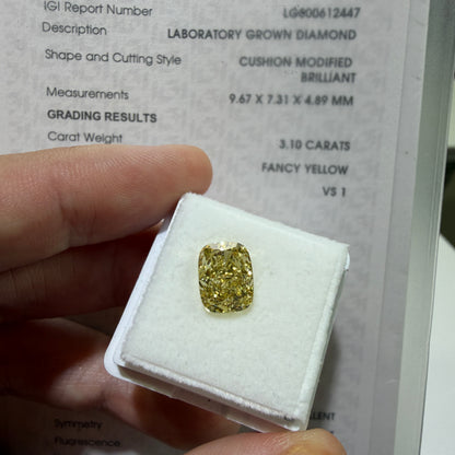 3.10ct Cushion Modified Brilliant Lab Grown Diamond – Fancy Yellow, VS1, IGI Certified