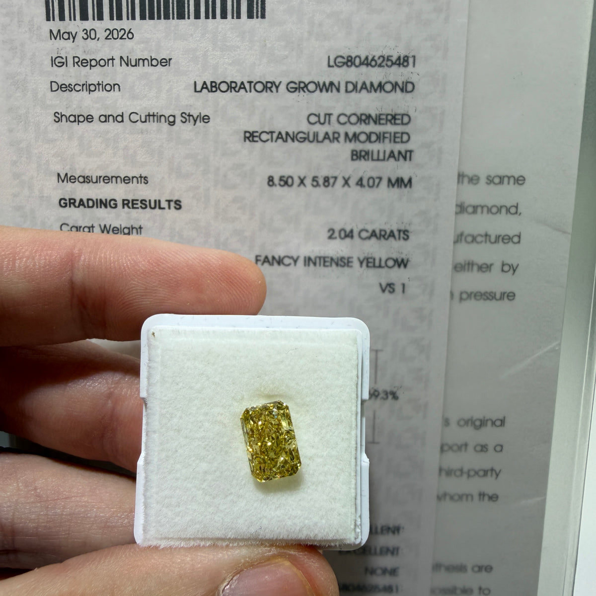 2.04ct Rectangular Modified Brilliant Lab Grown Diamond – Fancy Intense Yellow, VS1