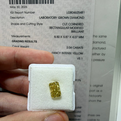 2.04ct Rectangular Modified Brilliant Lab Grown Diamond – Fancy Intense Yellow, VS1
