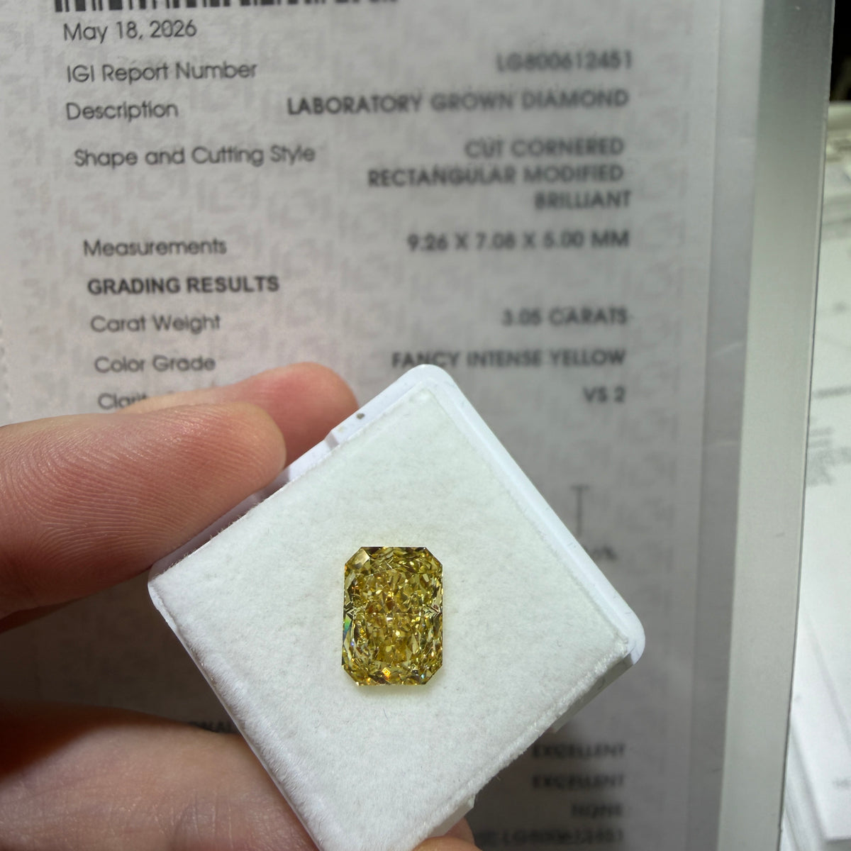 3.05ct Cut-Cornered Rectangular Modified Brilliant Lab Grown Diamond – Fancy Intense Yellow, VS2