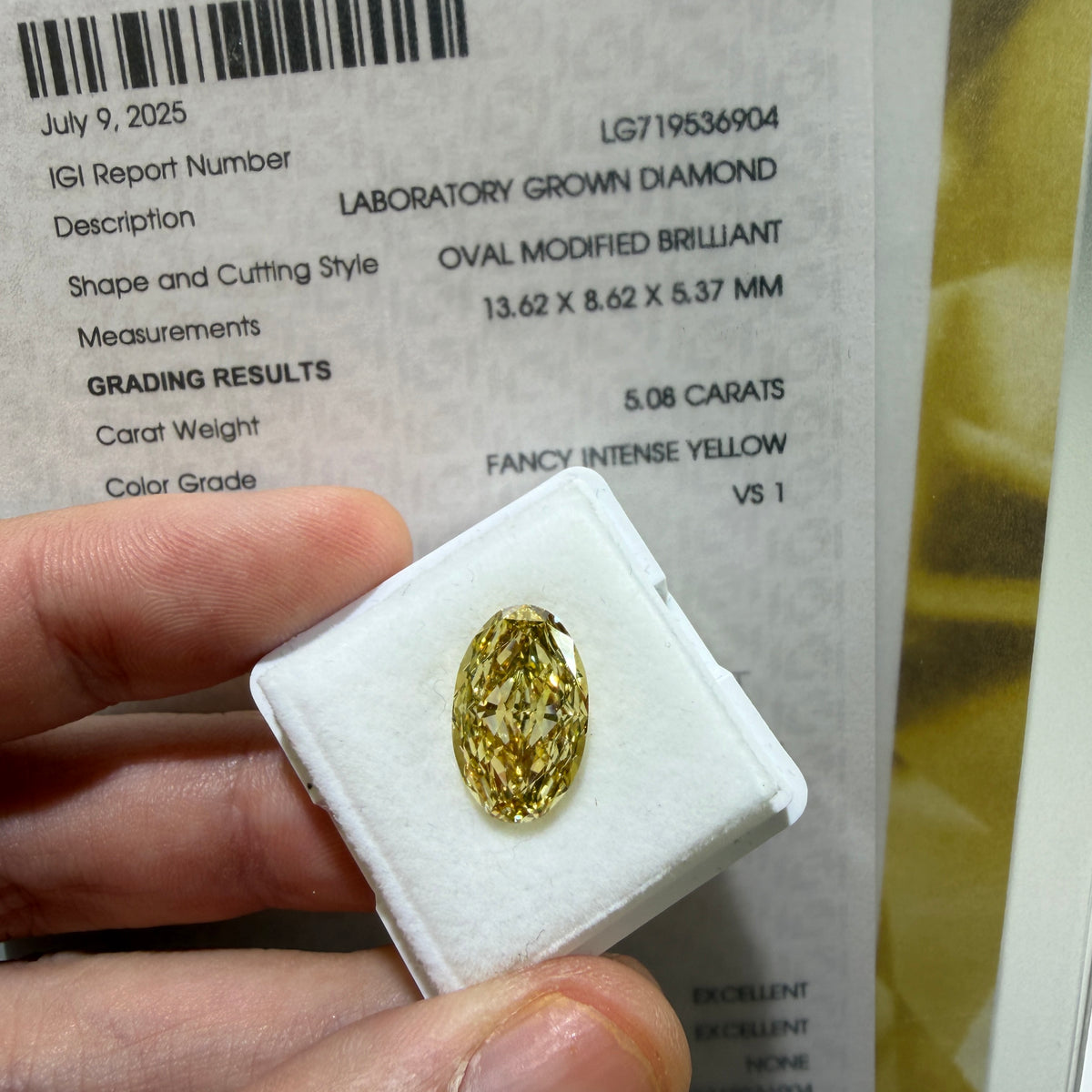 5.08ct Oval Modified Brilliant Lab Grown Diamond – Fancy Intense Yellow, VS1