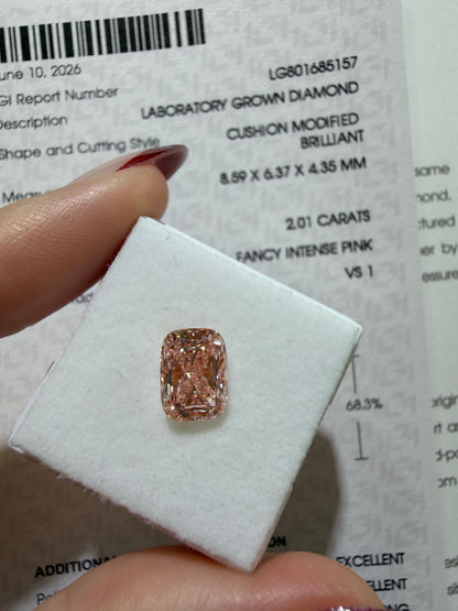2.01ct Cushion Modified Brilliant Lab Grown Diamond – Fancy Intense Pink, VS1, IGI Certified