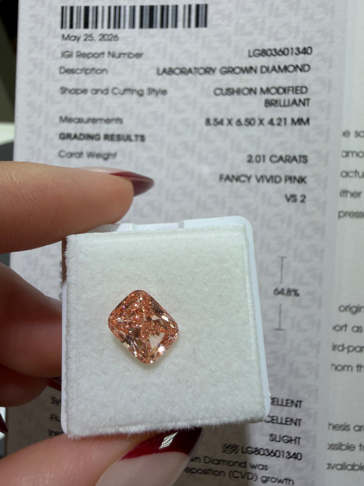 2.01ct Cushion Modified Brilliant Lab Grown Diamond – Fancy Vivid Pink, VS2, IGI Certified