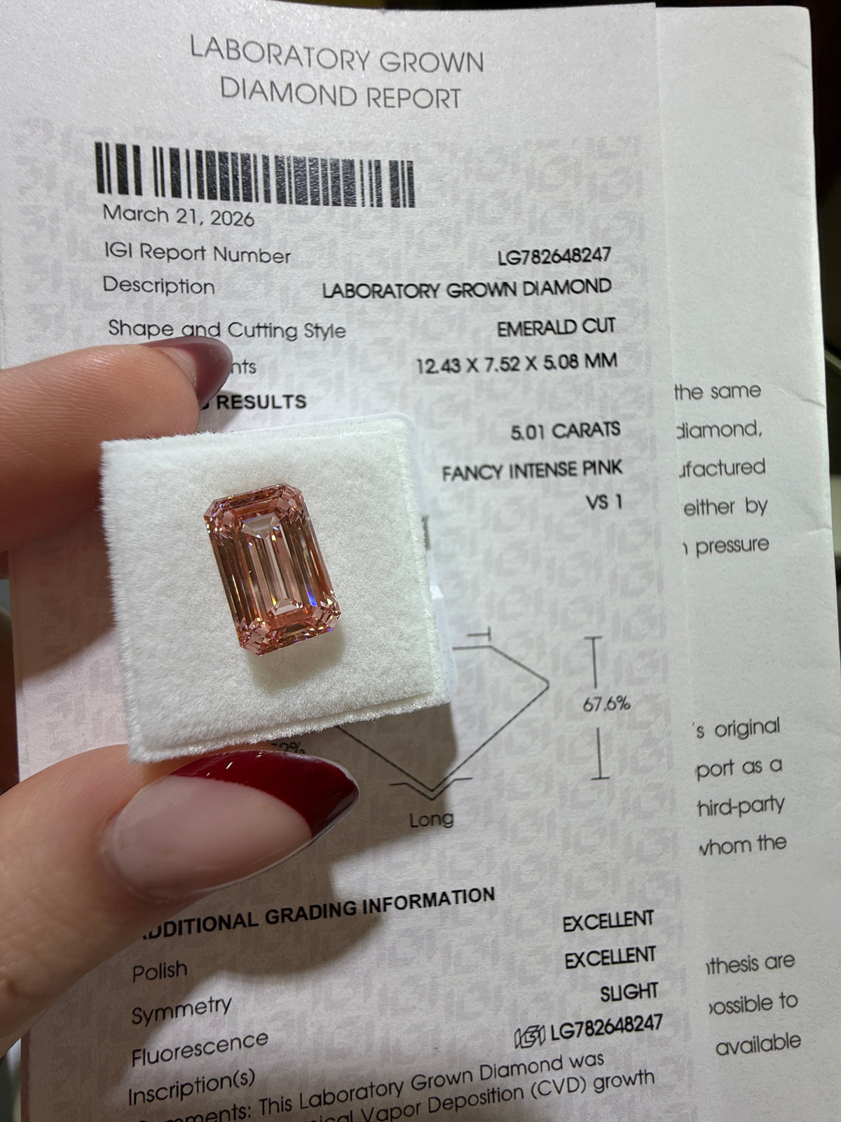 5.01ct Emerald Cut Lab Grown Diamond – Fancy Intense Pink, VS1, IGI Certified
