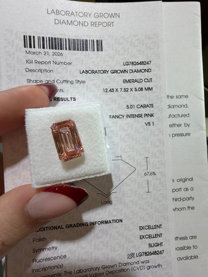 5.01ct Emerald Cut Lab Grown Diamond – Fancy Intense Pink, VS1, IGI Certified