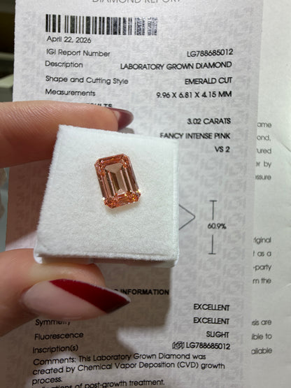 3.02ct Emerald Cut Lab Grown Diamond – Fancy Intense Pink, VS2, IGI Certified
