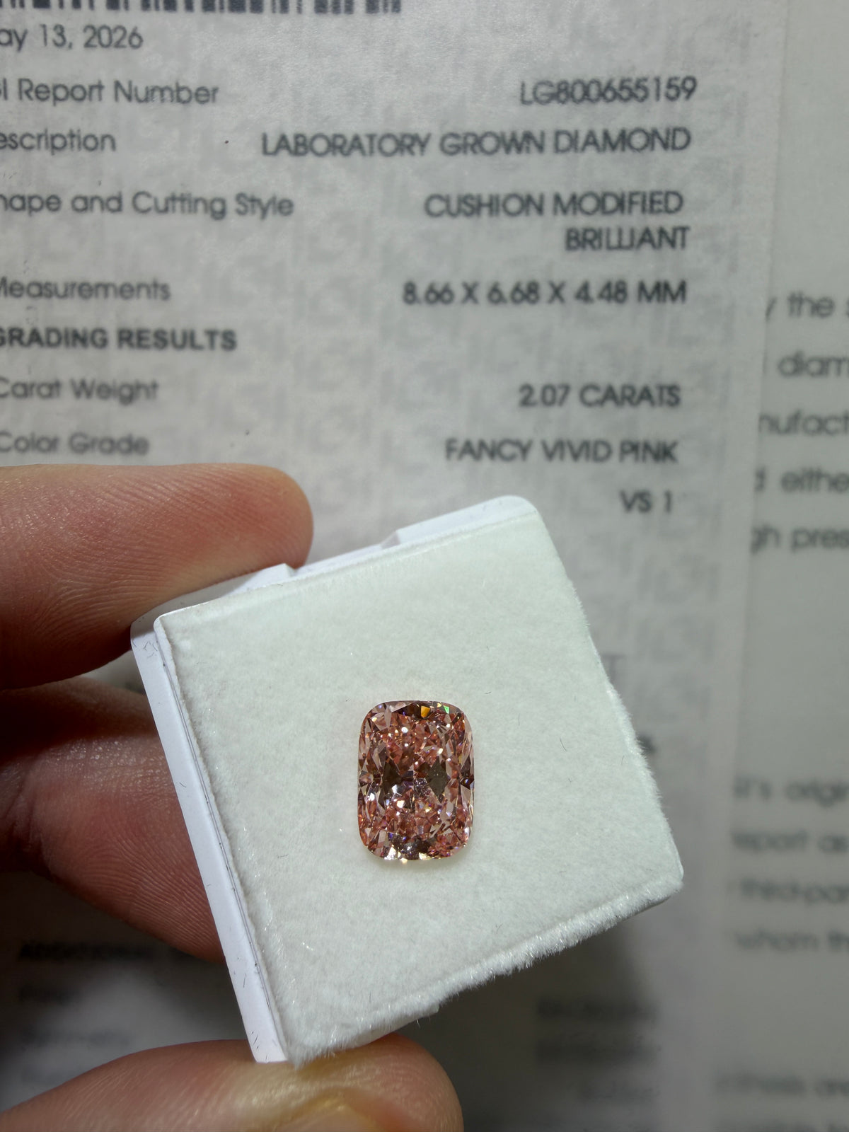 2.07ct Cushion Modified Brilliant Lab Grown Diamond – Fancy Vivid Pink, VS1, IGI Certified