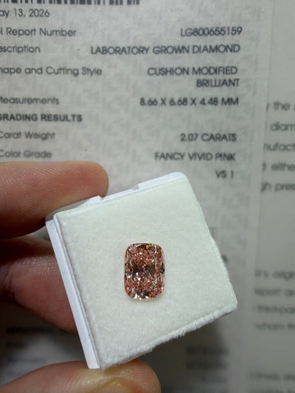 2.07ct Cushion Modified Brilliant Lab Grown Diamond – Fancy Vivid Pink, VS1, IGI Certified