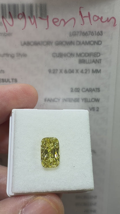 2.02ct Cushion Modified Brilliant Lab Grown Diamond – Fancy Intense Yellow, VS2, IGI Certified