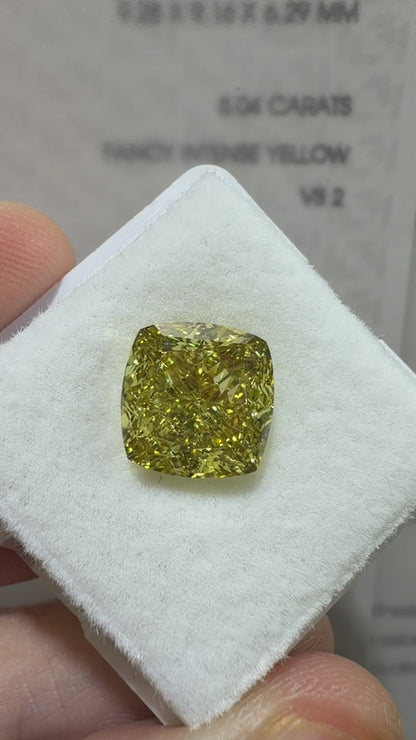 5.04ct Square Cushion Modified Brilliant Lab Grown Diamond – Fancy Intense Yellow, VS2, IGI Certified